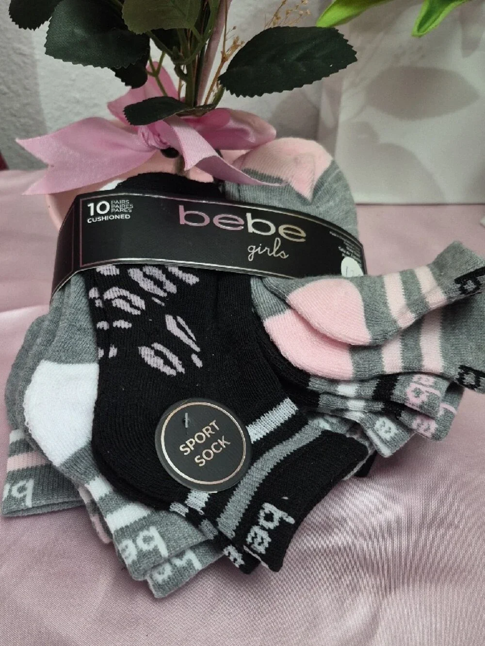 bebe Girls Pink, Gray & Black Cushioned Sport Socks - 10 Pack NWT 2223